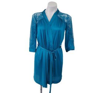 Vintage Texsheen Blue Short Belted Robe w Lace Trim USA Made Size S